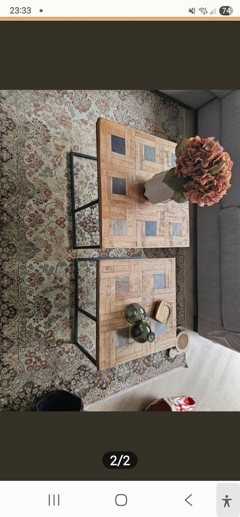 Set van 2 salontafels met houten blad en metalen onderstel, Ophalen of Verzenden