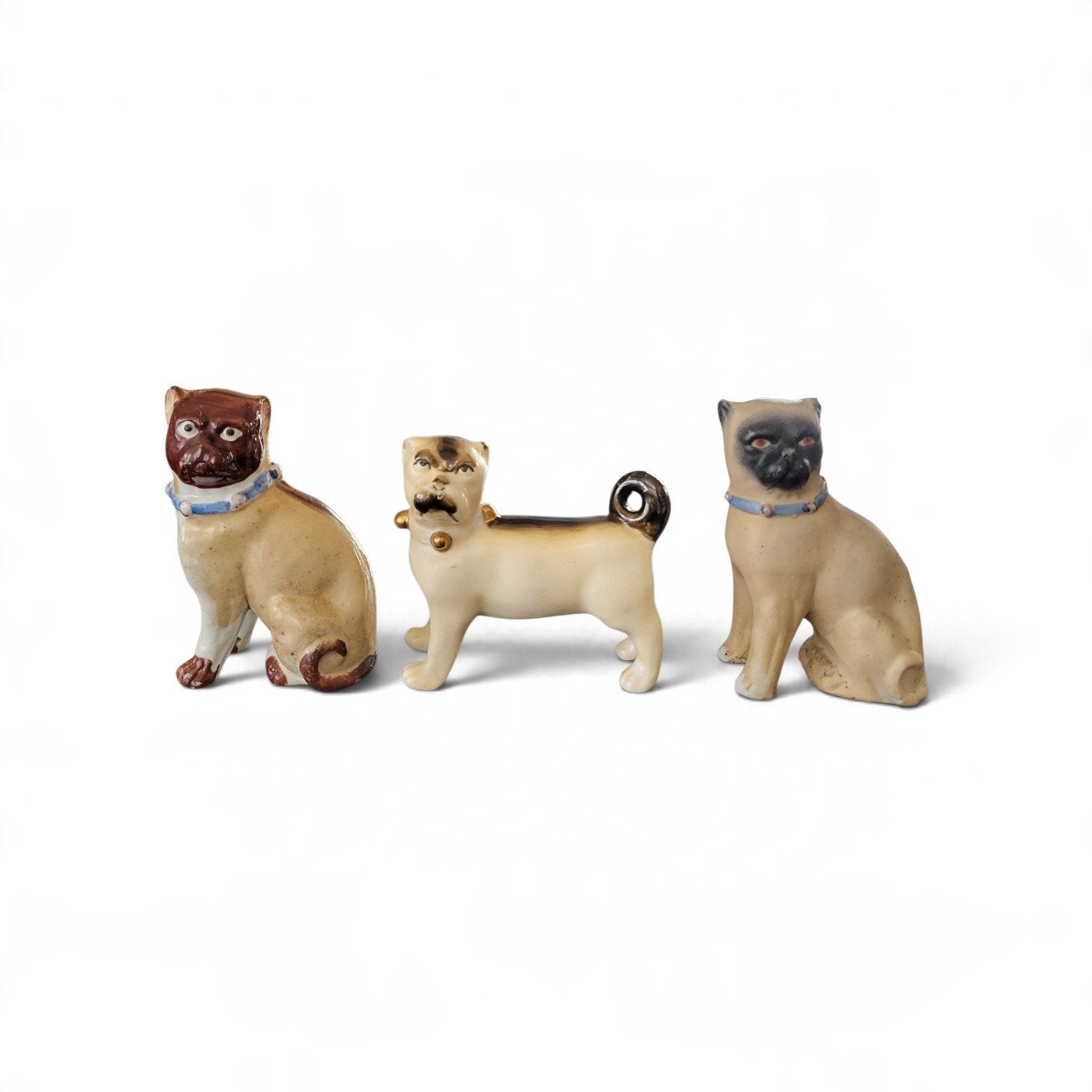 Set van 3 antieke porseleinen mopshondjes/pugdogs, Ophalen of Verzenden