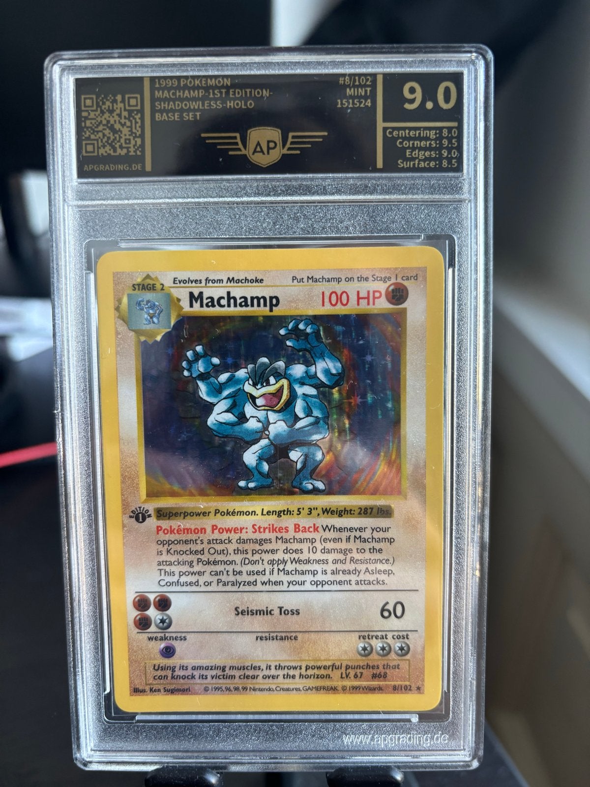 Machamp 1st Edition Shadowless Holo Base Set APG 9.0, Hobby en Vrije tijd, Verzamelkaartspellen | Pokémon, Ophalen of Verzenden