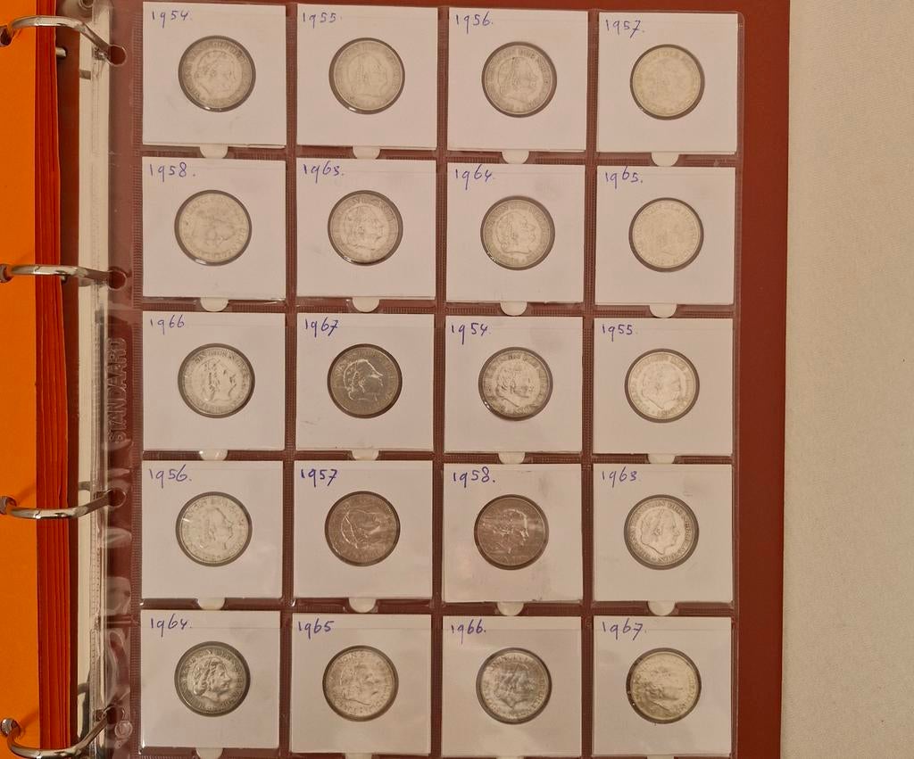 Complete serie zilveren guldens Juliana (1954-1967), Postzegels en Munten, Munten | Nederland, Setje, 1 gulden, Koningin Juliana