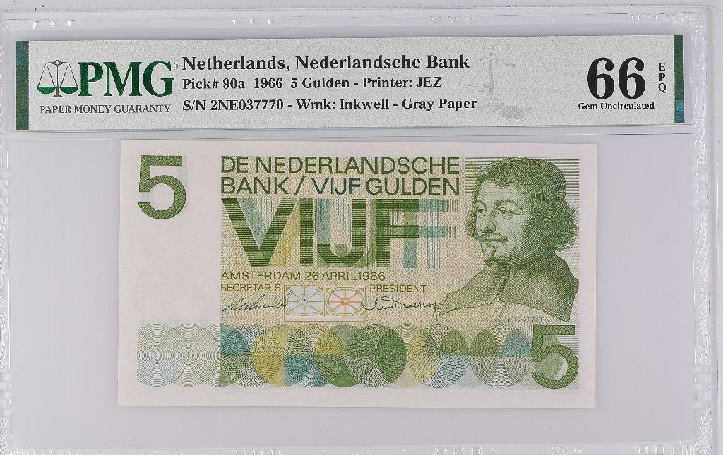 UNC biljet 5 gulden Vondel I, 1966 | PMG 66 EPQ, Ophalen of Verzenden, 5 gulden