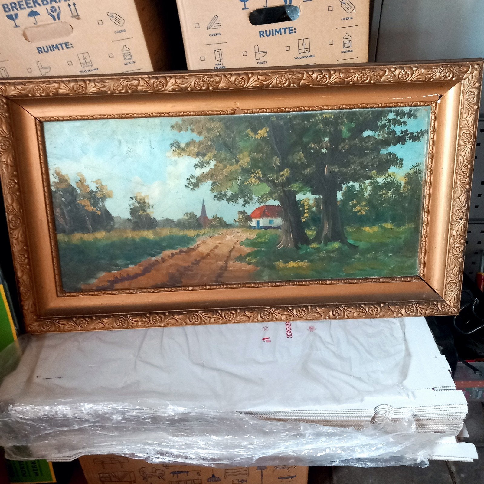 Schilderij met landschap en beschadigde lijst, Antiek en Kunst, Ophalen