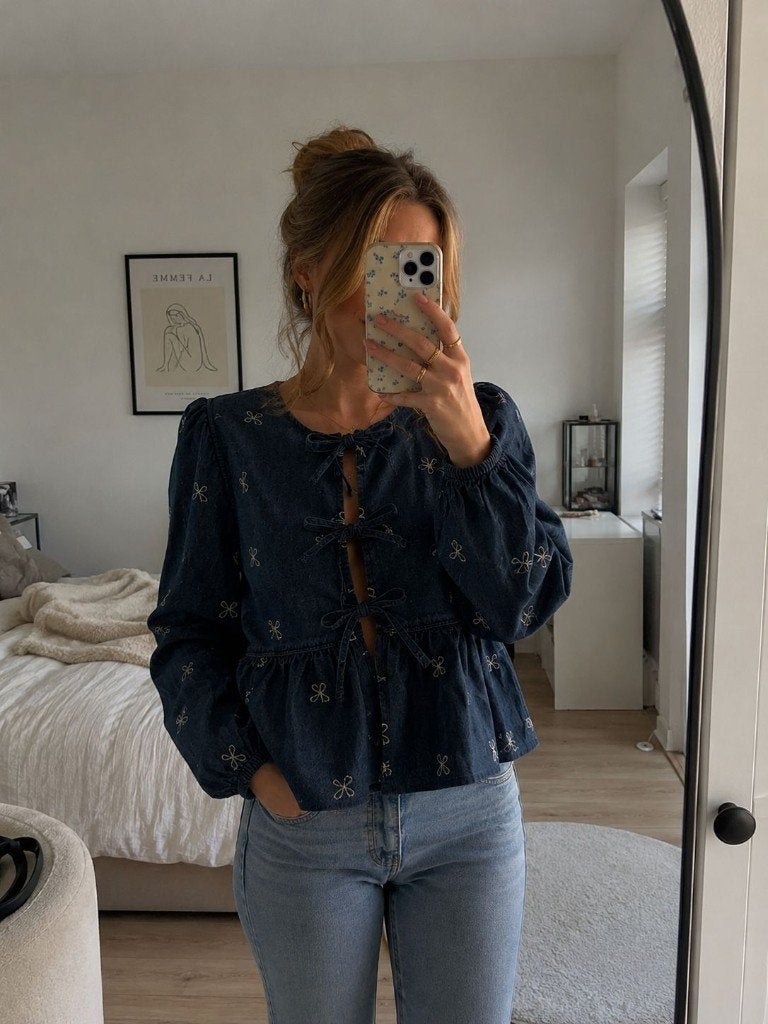 Denim blouse met strikjes maat S, Kleding | Dames, Blauw, West Fade, Ophalen of Verzenden, Zo goed als nieuw