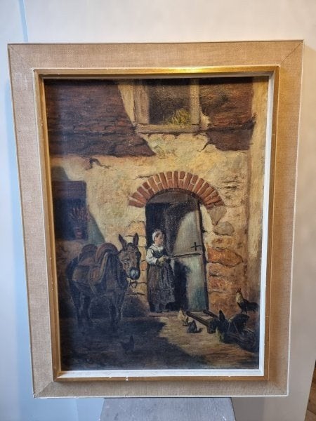 Schilderij: ezeltje, kippen en vrouw., Ophalen