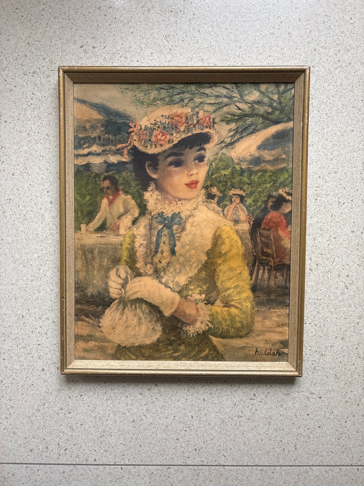 Vintage schilderij: Dame met hoed in café (gesigneerd), Antiek en Kunst, Doek, Portret of Personen, Overige technieken, Impressionistisch