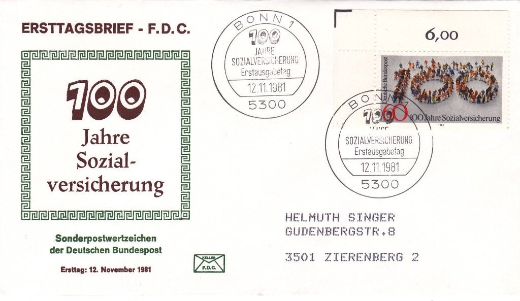 Duitsland. FDC Mi. 1116. Envelop 100 Jaar Soc. Verzekering, Postzegels en Munten, Ophalen of Verzenden, Beschreven, Europa