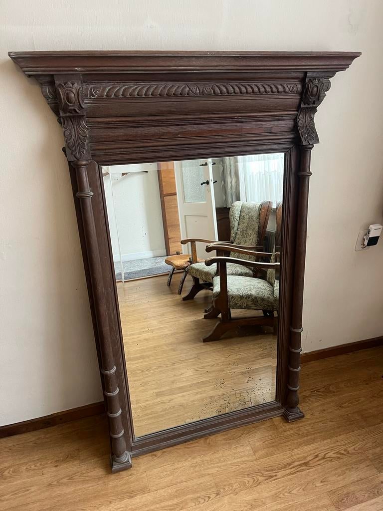 Klassieke houten wandspiegel – groot – antieke uitstraling, Ophalen, Rechthoekig, 50 tot 100 cm, 150 tot 200 cm