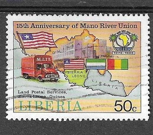 Liberia postzegel - 15e verjaardag Mano River Union, Ophalen of Verzenden, Overige landen, Gestempeld