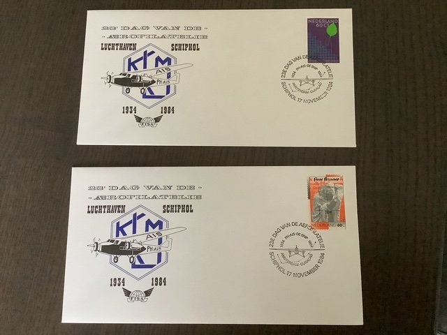 2x KLM 23e dag van Aerofilatelie Schiphol 1934-1984, Verzamelen, Ophalen, Nieuw, Kaart, Foto of Prent