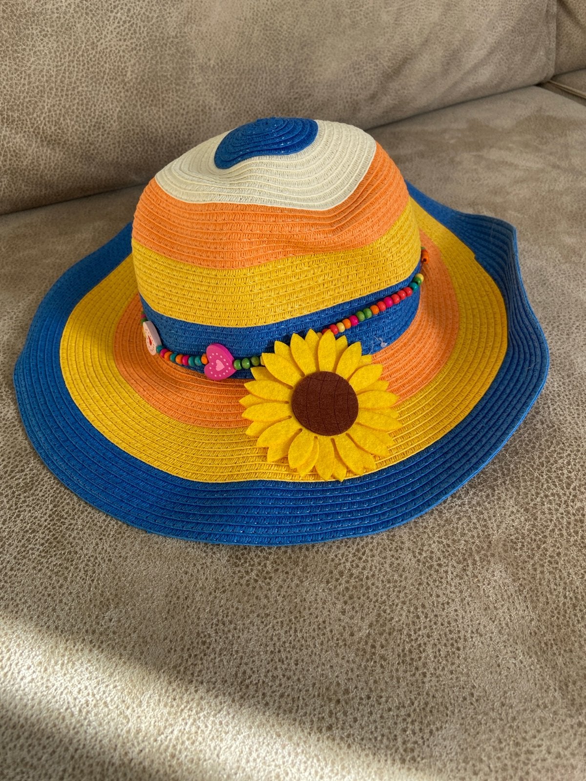 Zomerse Strohoed met Zonnebloem en Kralen - One Size, Ophalen of Verzenden, Zo goed als nieuw