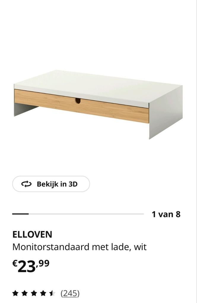 IKEA witte Monitor standaard ELLOVEN met houten lade, Ophalen, Zo goed als nieuw