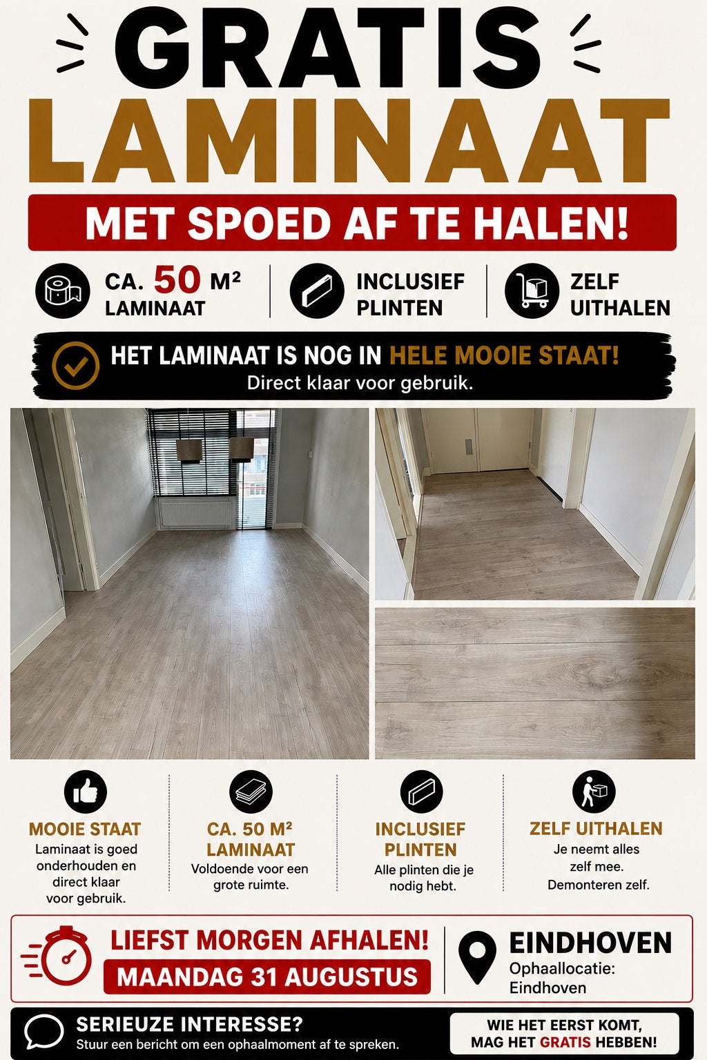 GRATIS MOOI LAMINAAT – ca. 50 m² – SPOED AFHALEN, Doe-het-zelf en Verbouw, Ophalen, 50 tot 150 cm, Zo goed als nieuw, 10 m² of meer