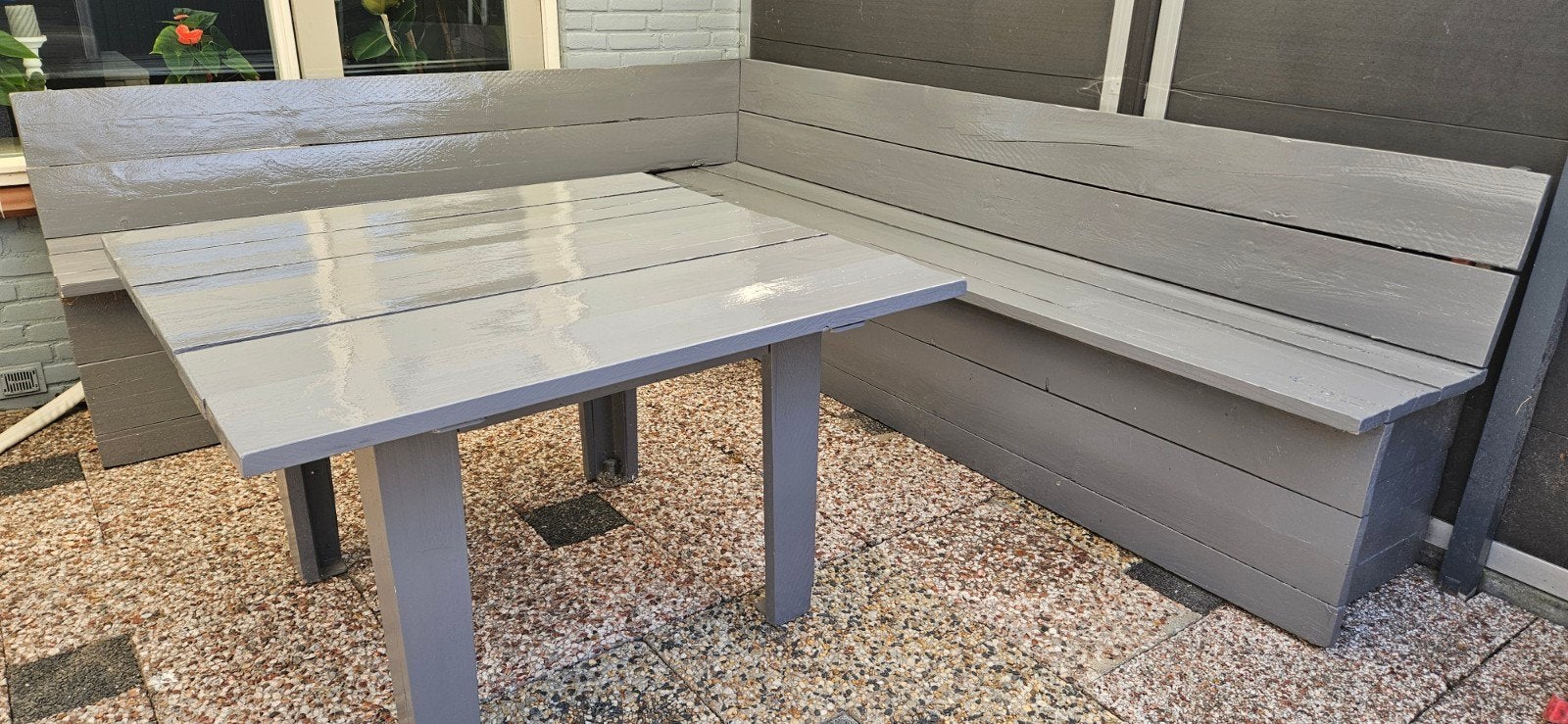 Grijze houten tuinbank met tafel, Tuin en Terras, Tuinbanken, Ophalen of Verzenden, Gebruikt, Hout