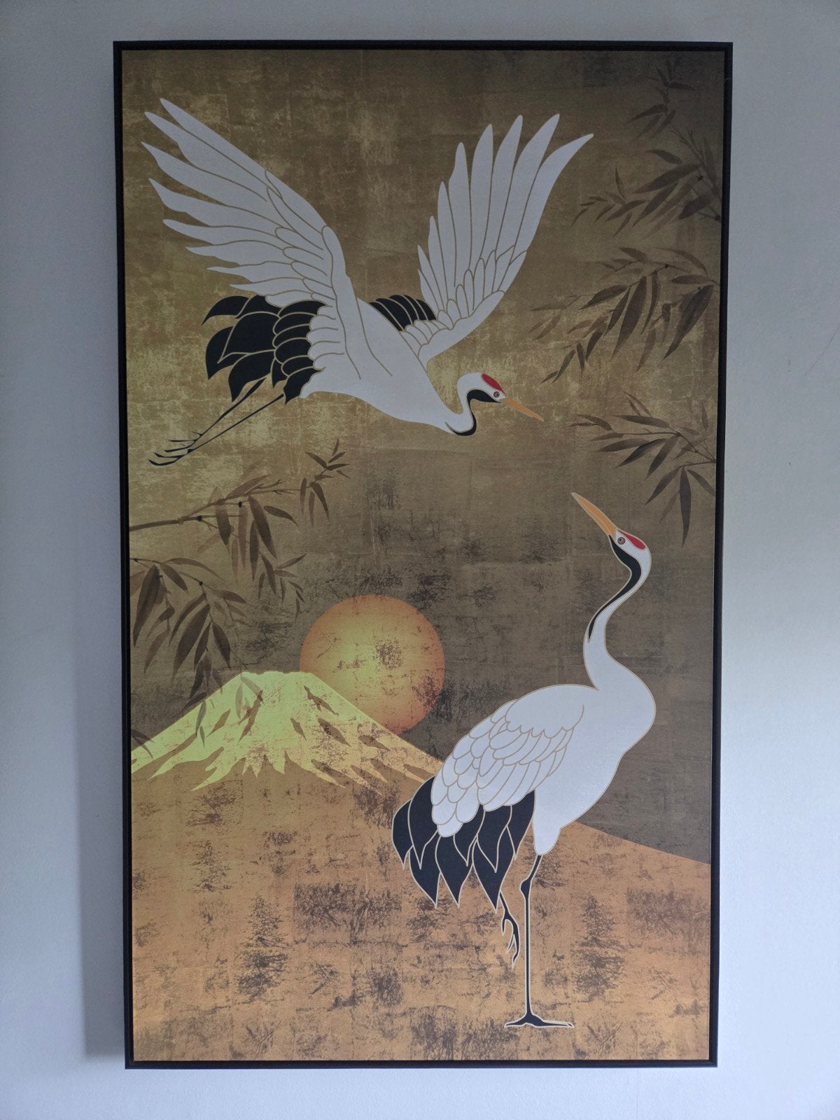 Wanddecoratie kraanvogels met Fuji-berg,poster op MDF-paneel, Ophalen, 69 cm, Schilderij, Meerkleurig