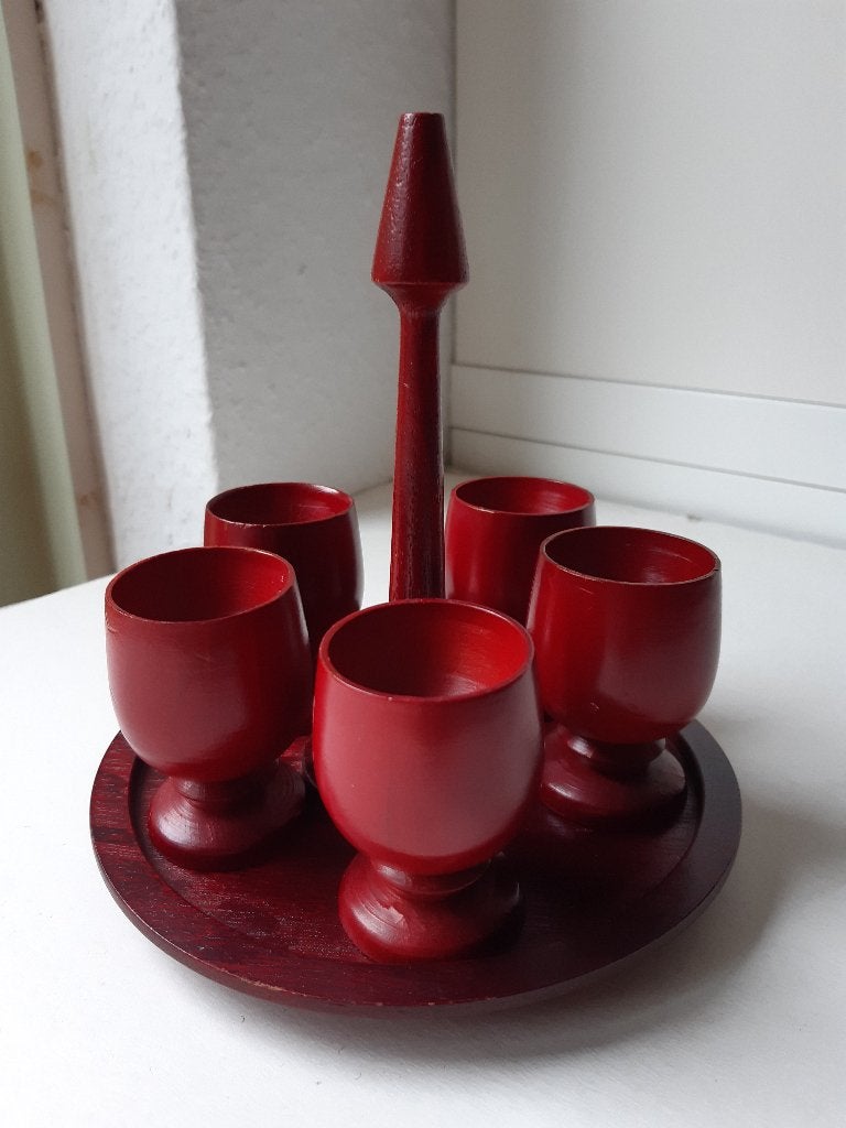 Eierdopjeshouder met 5 eierdopjes, vintage, rood, Hout, Ophalen of Verzenden, Rood, Overige merken