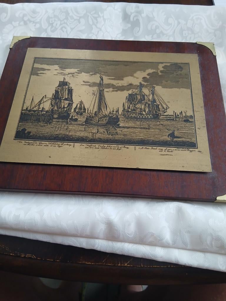 Antieke koper Gravure: Hollandse Oorlogsschepen en Jacht, Antiek en Kunst, Kunst | Etsen en Gravures, Met tekst, Ophalen of Verzenden