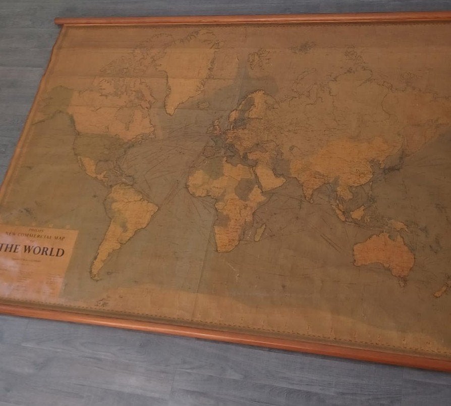 Vintage grote Philips New Commercial Map of the World kaart, Antiek en Kunst, Ophalen, Aardrijkskunde
