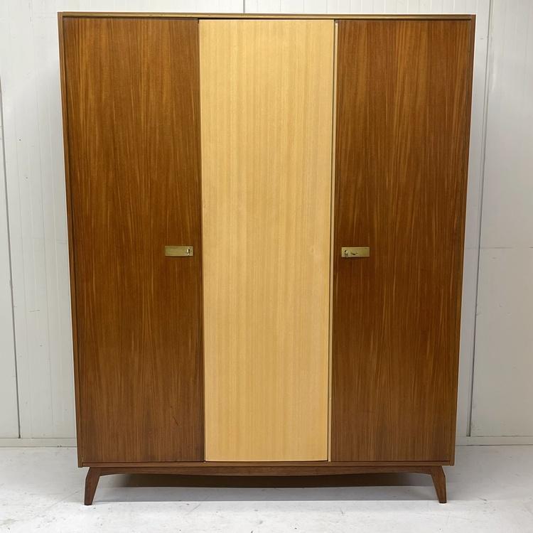 Vintage kledingkast j`60 duo-tone fineer hang leg demontabel, Huis en Inrichting, Kasten | Kledingkasten, Ophalen, Met deur(en)