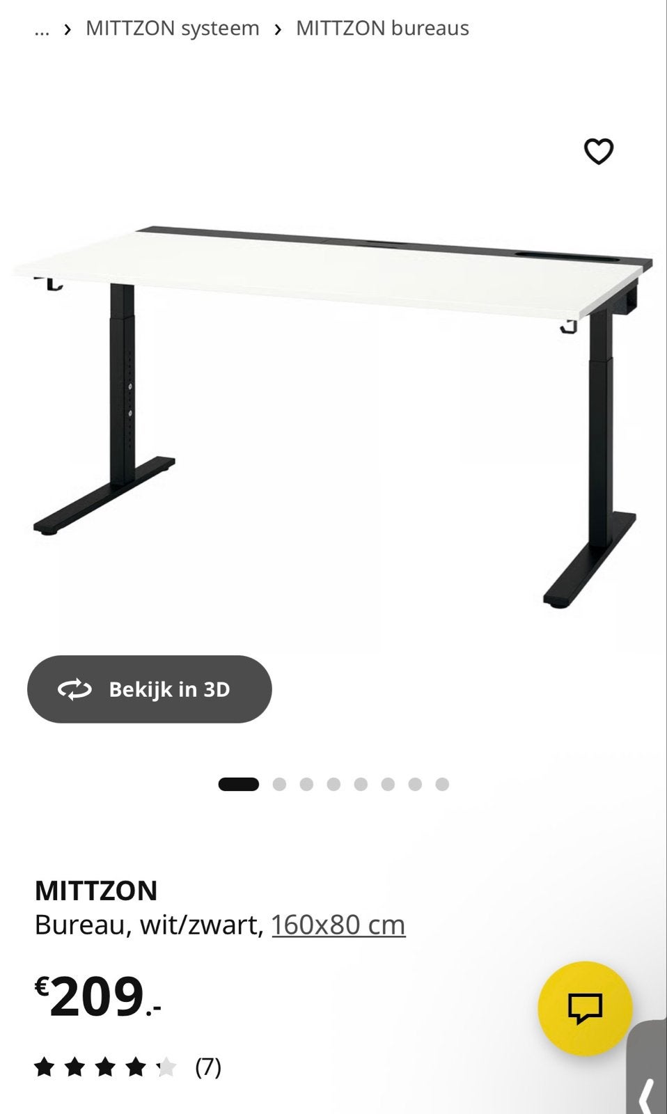 IKEA MITTZON Zit-sta bureau wit/zwart 160x80 cm, Ophalen, Zit-sta bureau, Spaanplaat of MDF, In hoogte verstelbaar