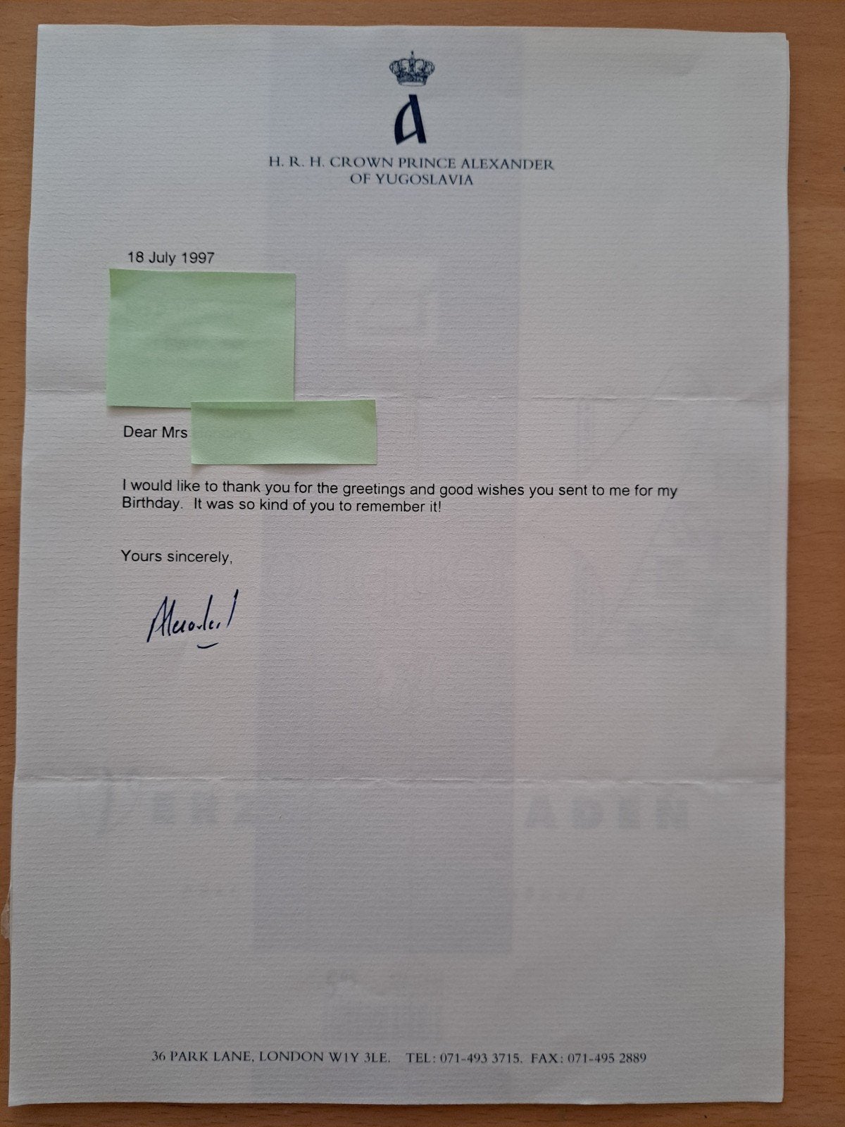 Bedankkaart en brief van Kroonprins Alexander van Joegoslavi, Ophalen of Verzenden, Gebruikt, Buitenland, Kaart, Foto of Prent
