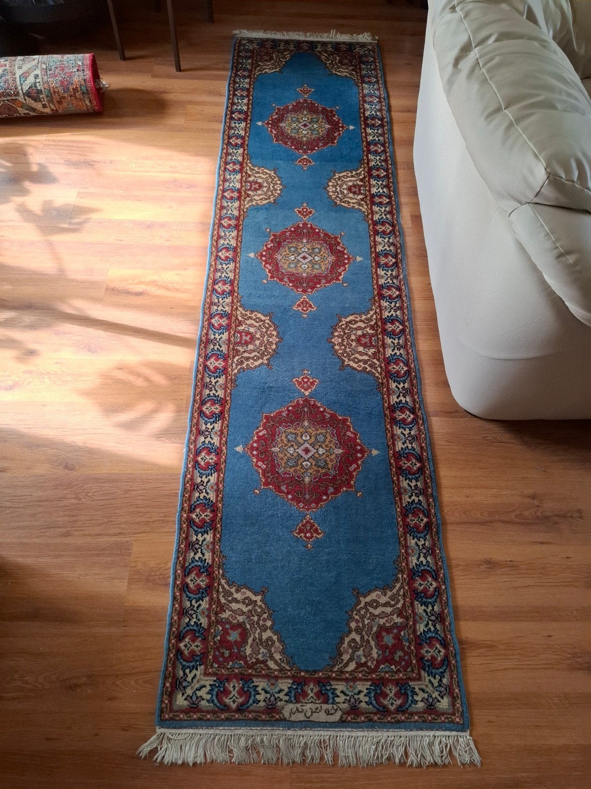 Blauwe loper met Oosters patroon, Ophalen, Blauw, 200 cm of meer, 50 tot 100 cm