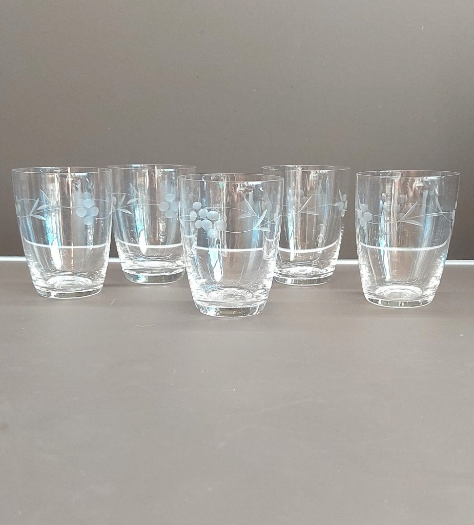 Vintage geëtste water sap glazen met druivenmotief (5 stuks), Ophalen of Verzenden