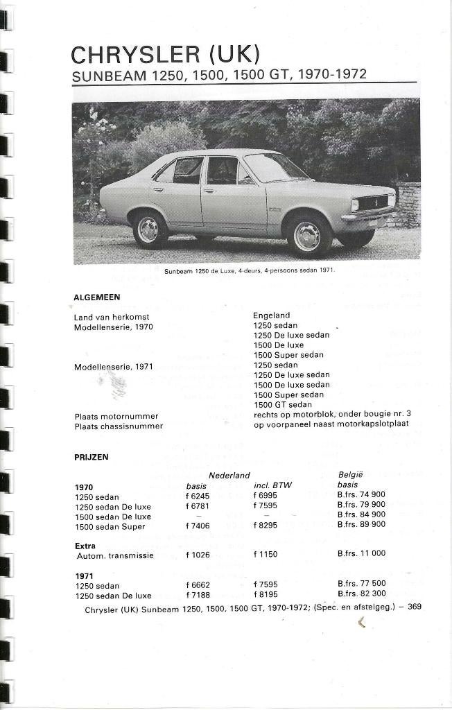 Chrysler sunbeam 3 stuks afstelgegegevens, Verzenden