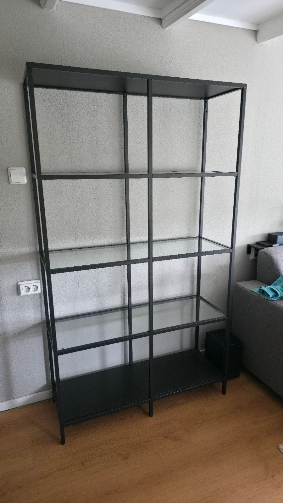 Zwart metalen rek met glazen planken - 100x36x175 cm, Ophalen, Met plank(en), Gebruikt, Modern, Industrieel