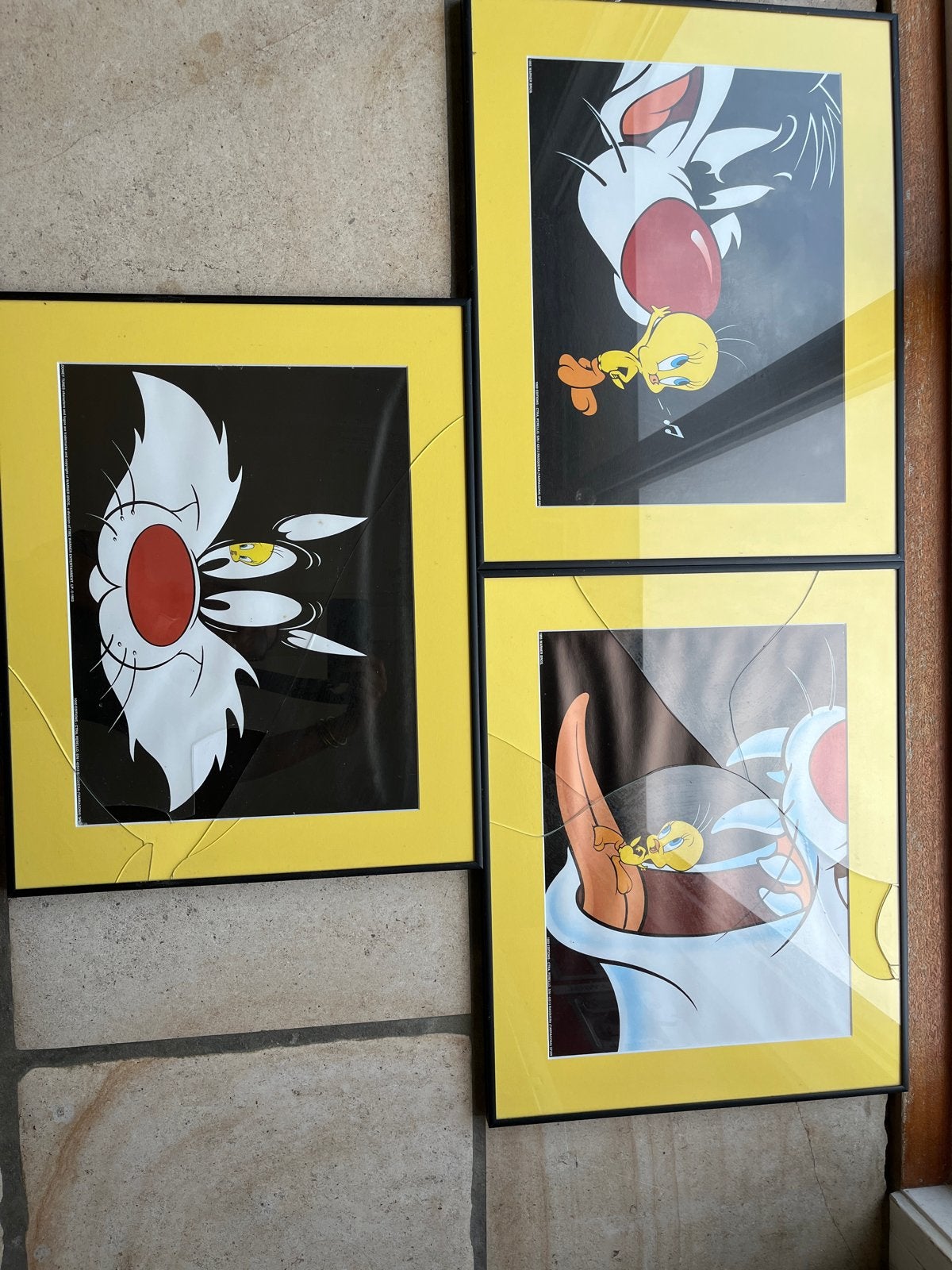 3 Looney Tunes Sylvester & Tweety Prints - Beschadigd, Huis en Inrichting, 50 – 75, Gebruikt, Oorspronkelijke maker, Ophalen of Verzenden