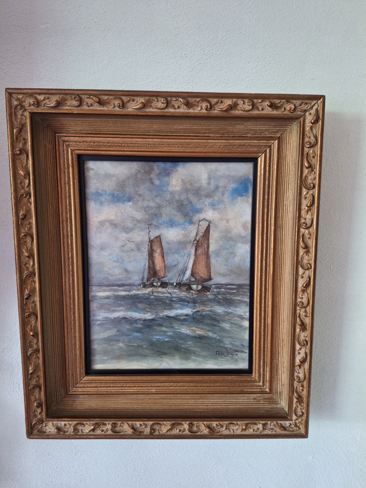 marius de jongere, Ophalen, Achter glas, Aquarel, Maritiem / water