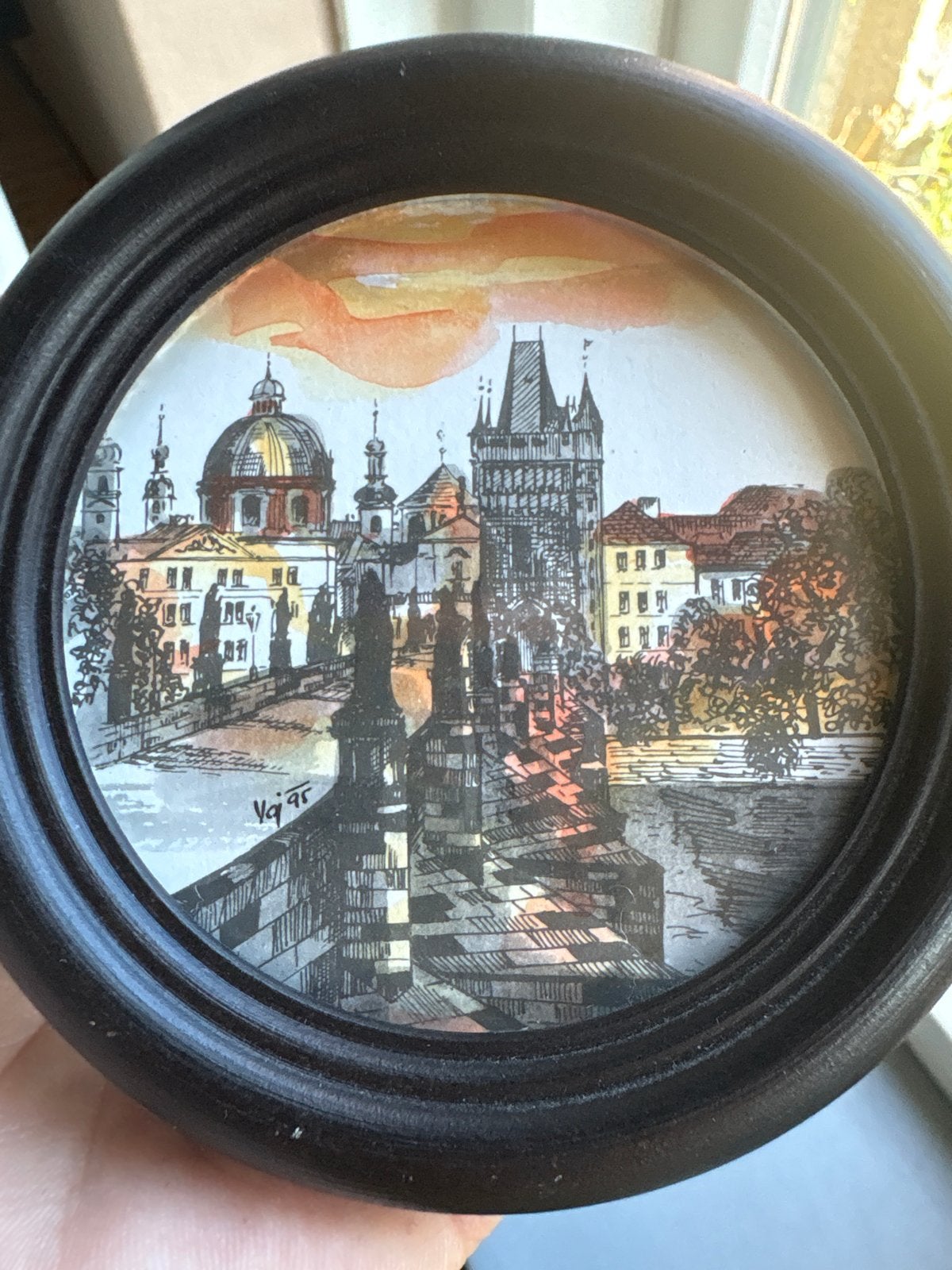 Miniatuur Schilderij Praagse Brug - Gesigneerd '95, Antiek en Kunst, Ophalen, Realistisch, Gesigneerd, Aquarel