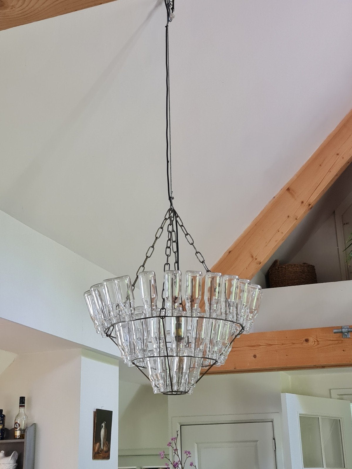 Unieke kroonluchter van glazen flesjes- 60cm diameter, Huis en Inrichting, Lampen | Hanglampen, Ophalen