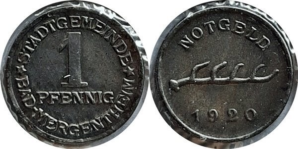 Noodmunt Bad Mergentheim 1 Pfg 1920 IJzer, Verzenden, Duitsland