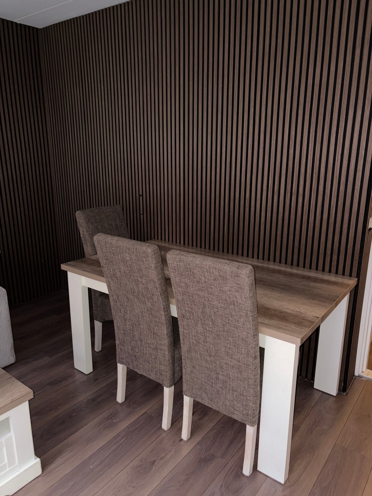 Moderne eettafel met 3 stoelen - gebruikt, Ophalen, Gebruikt, 100 tot 150 cm, 50 tot 100 cm