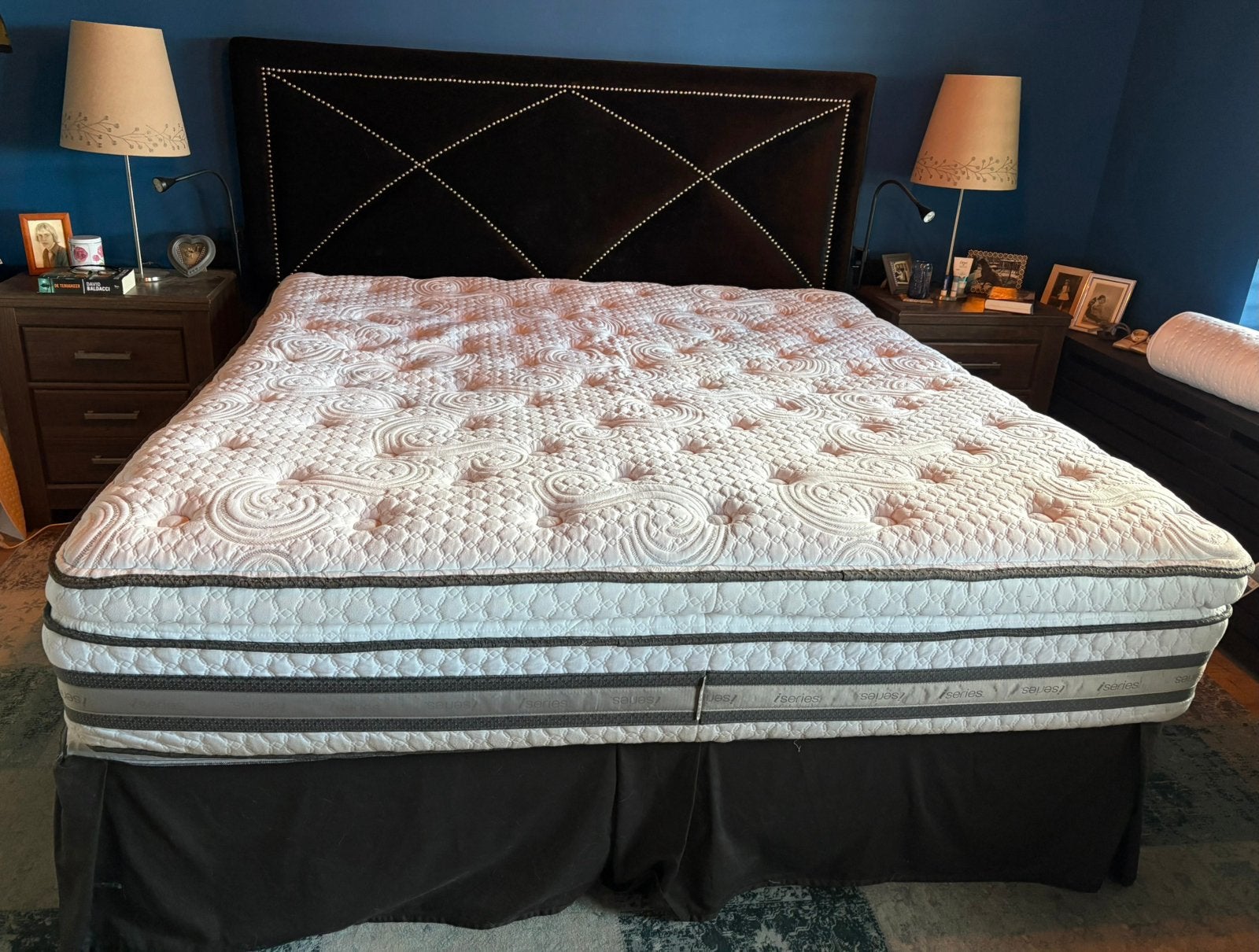 Luxe Amerikaanse king size boxspring, Ophalen, Gebruikt, Zwart, Tweepersoons