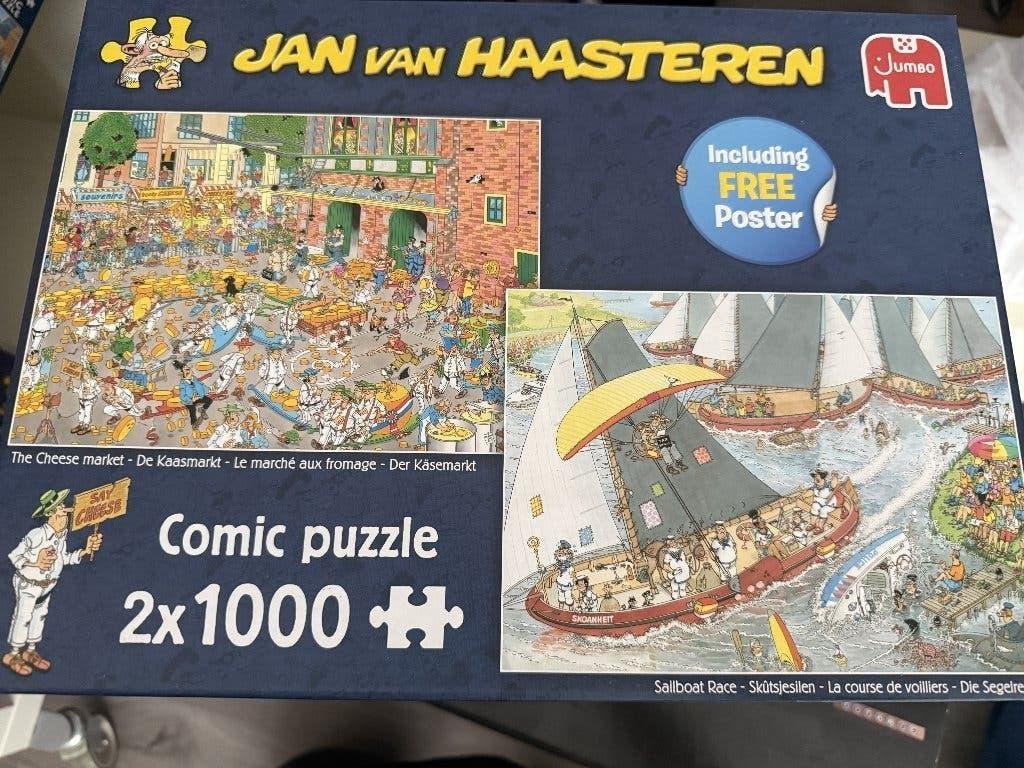 Jan van Haasteren De kaasmarkt/de zeilboot race 2x 1000 stuk, Ophalen of Verzenden, Meer dan 1500 stukjes, Zo goed als nieuw, Legpuzzel