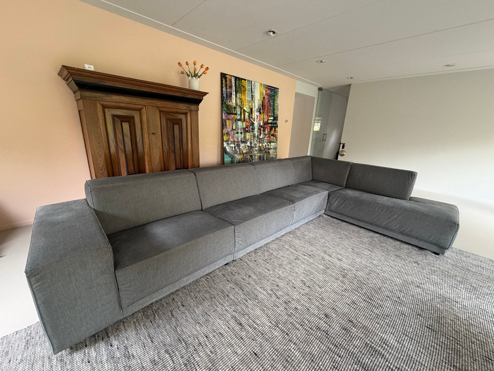 Grote blauw/grijze hoekbank met chaise longue, Ophalen, Gebruikt, Hoekbank, 300 cm of meer