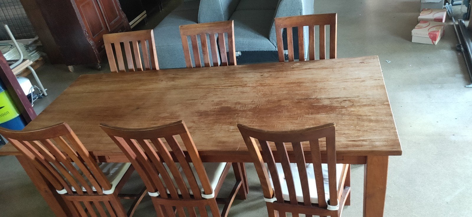 Houten eettafel met 6 stoelen, Ophalen, Gebruikt, 200 cm of meer, 50 tot 100 cm