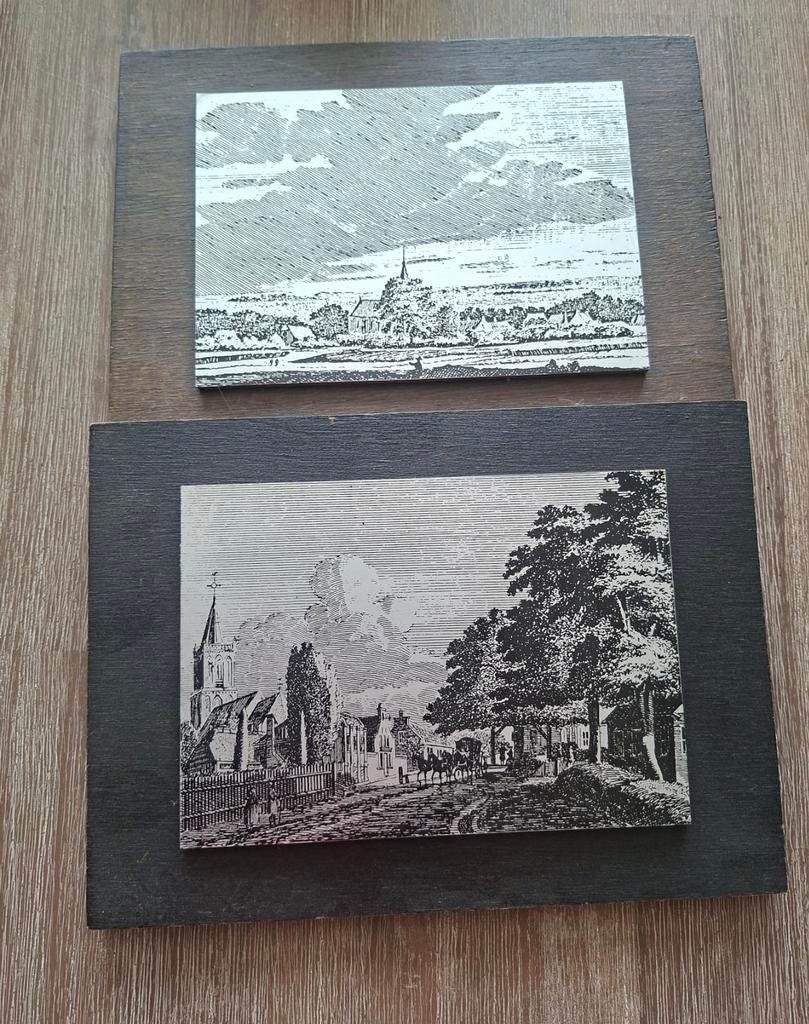 Twee historische gravures: Het dorp Eemnes & Laren in 1739, Ophalen, Met tekst, Gravure, Landschap