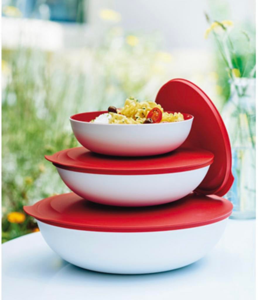 Tupperware Allegra schalen set met deksels - Rood/Wit, Huis en Inrichting, Keuken | Tupperware, Verzenden, Nieuw, Rood, Schaal