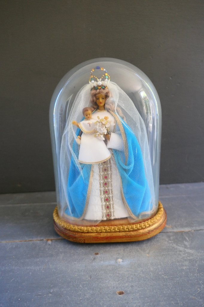 Vintage Madonna met kind pop / beeld onder glazen stolp., Ophalen