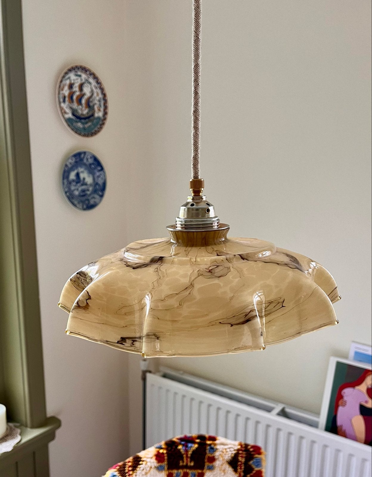 Vintage Franse Hanglamp - Marmeren Opaline Glas, Ophalen of Verzenden