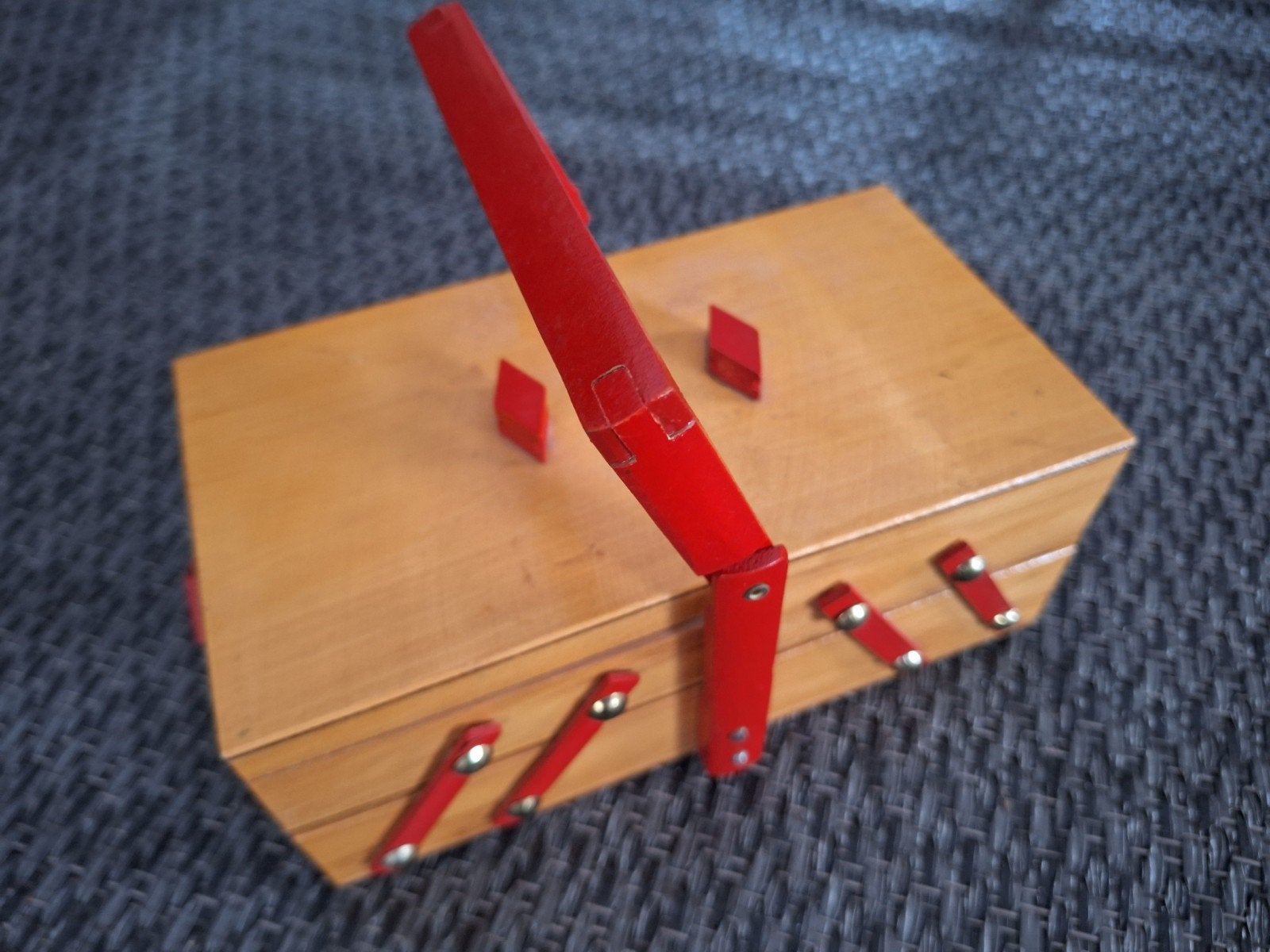 Vintage houten naaidoos met harmonica-uitklap, Ophalen of Verzenden