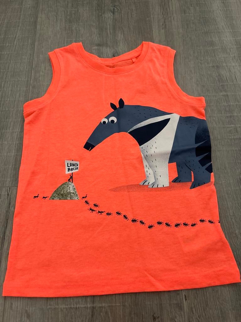 Leuk oranje shirtje met miereneter - Maat 116, Ophalen of Verzenden, Gebruikt, Jongen of Meisje, Shirt of Longsleeve