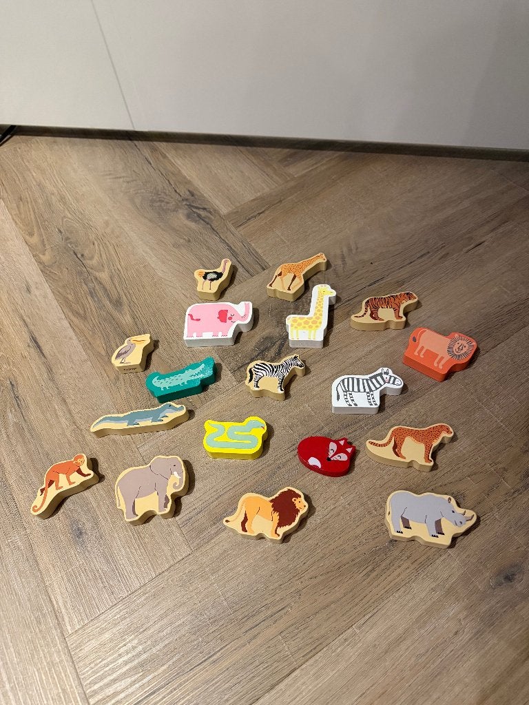 Heel goed 18x Hema houten dieren figuren safari set speelgoe, Ophalen of Verzenden, Zo goed als nieuw