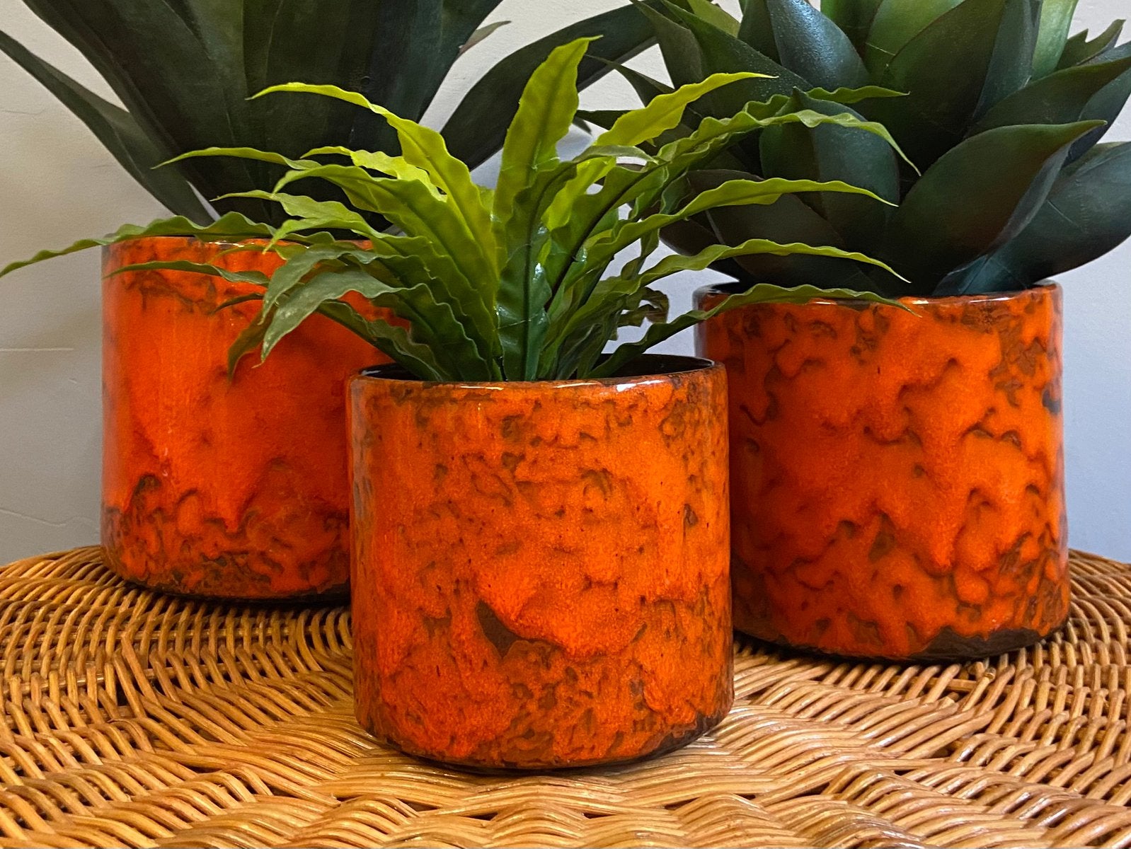 Set van 3 retro oranje bloempotten jaren 60/70 vintage, Tuin en Terras, Bloempotten, Rond, Ophalen of Verzenden, Zo goed als nieuw