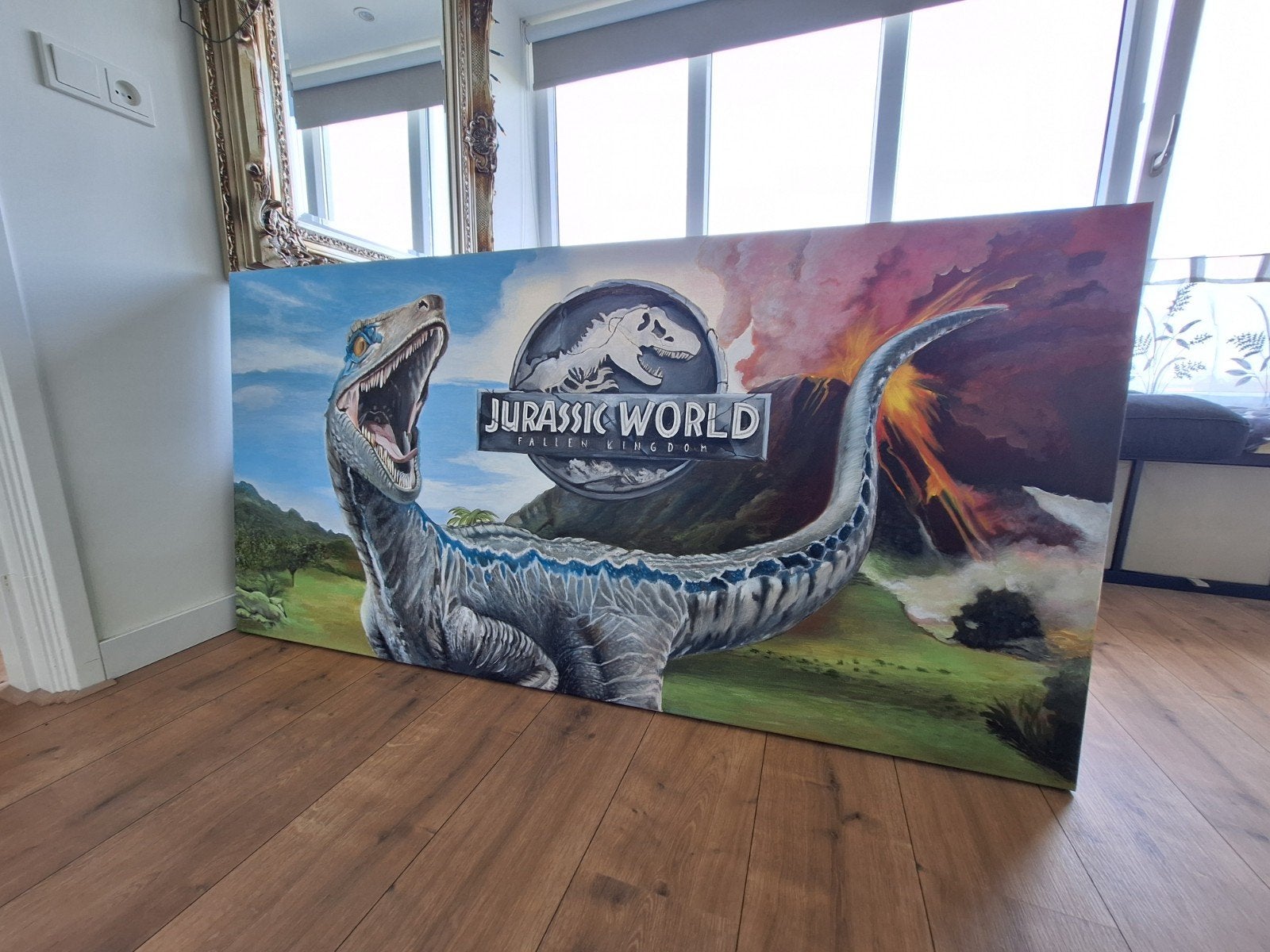 Olieverfschilderij Jurassic World met Blue, Ophalen of Verzenden, Handgeschilderd, Olieverf, Film
