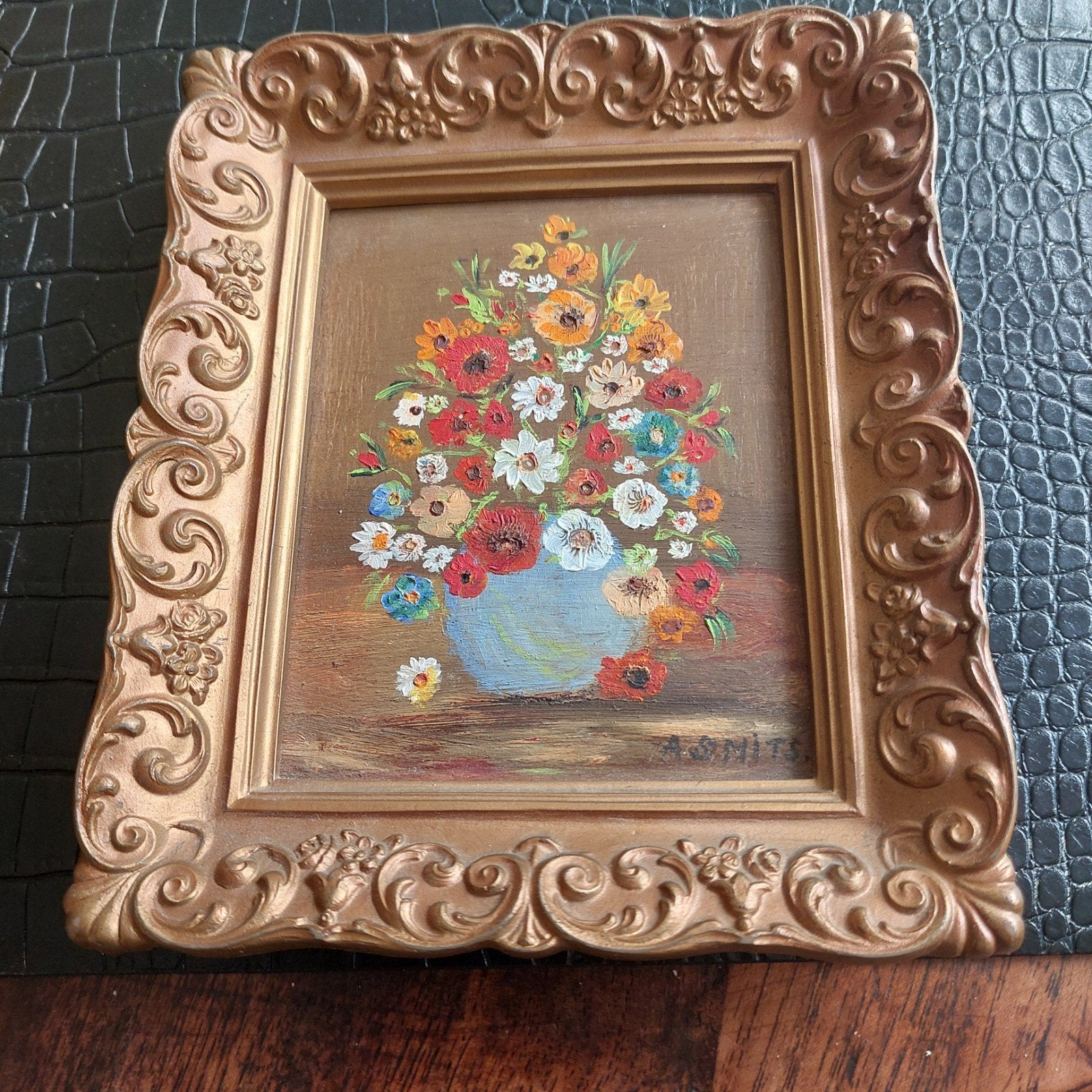 Mini schilderij Bloemenstilleven van A. Smits in sierlijke l, Ophalen of Verzenden