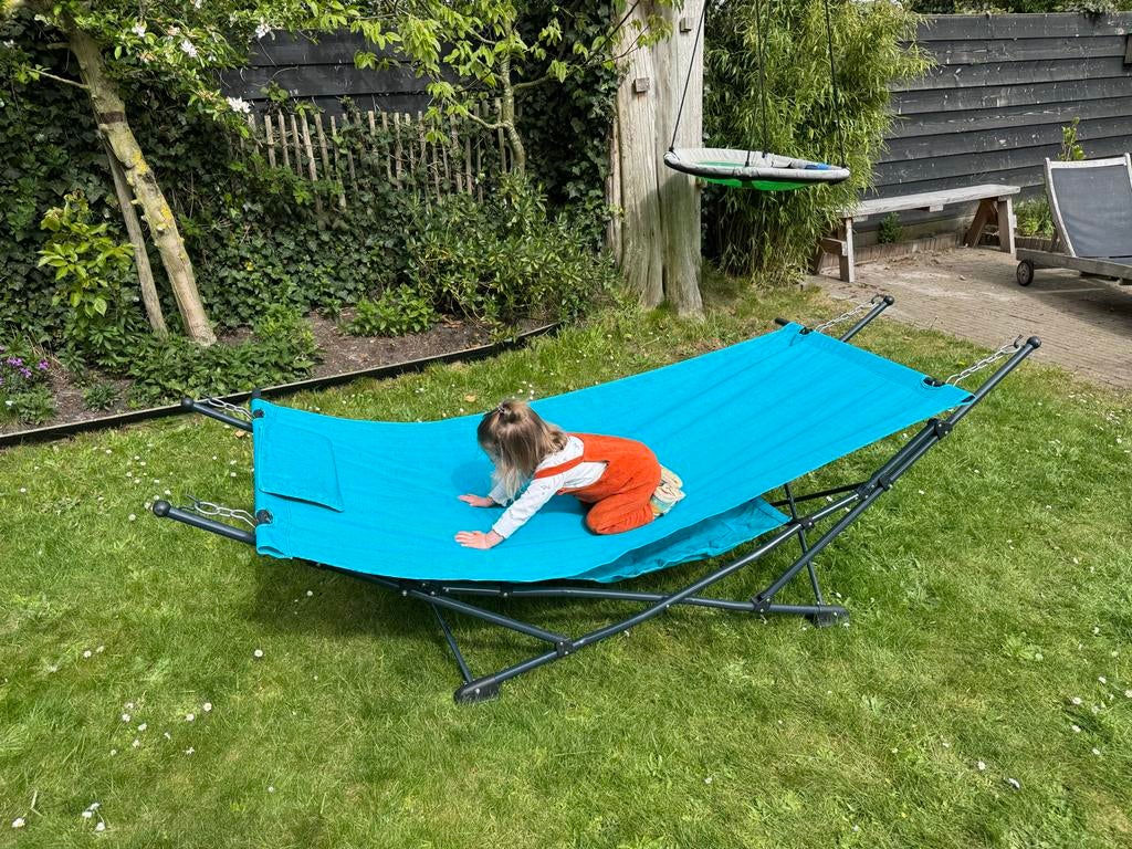 Turquoise hangmat met standaard - 67x189cm, Ophalen, Gebruikt, Met standaard, Eenpersoons