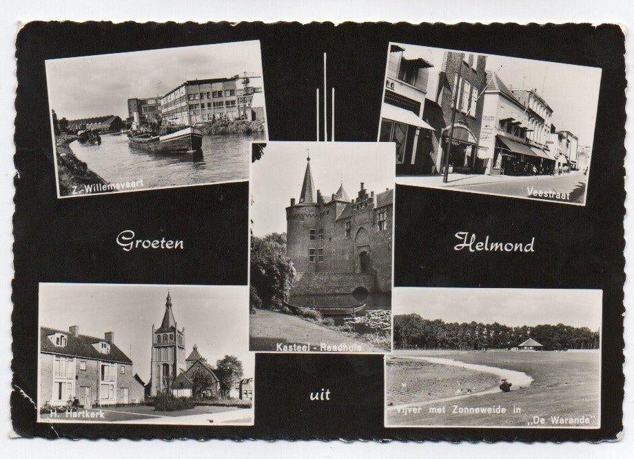 Groeten uit Helmond Zw vaart schip kasteel kerk Veestr 1961, Ophalen, 1960 tot 1980, Gelopen, Noord-Brabant
